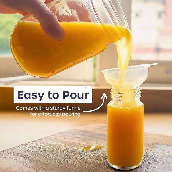 Shot Bottles with Lids - Reusable Glass Shot Bottles with Lids, Funnel, Labels, Shrink Wrap, Cleaning Brush and Extra Foam Insert - Portable and Leakproof
