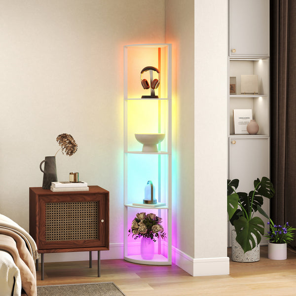 LED Floor Lamp with Shelves, 5-Tier Dimmable Standing Lamp with Adjustable Brightness and Foot Switch, Modern Corner Display Shelf Unit for Living Room Bedroom Office