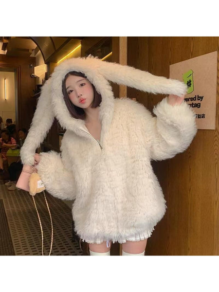 Imitation coat Women's cardigan 2025 autumn and winter new cute rabbit ears loose thickened furry sweater