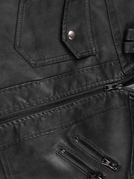 2907 Cross-Border New Double-Zipper Hooded Faux Leather Jacket Men'S Casual Fashion Motorcycle Jacket Men'S Korean Version Trendy Solid Color Coat Men