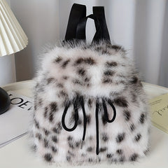 1pc Women's Plush Faux Fur Backpack - Soft Mini Daypack with Adjustable Drawstring Closure & Strap, Golden-Tone-like Black Tip (No-Washable) - Elegant White/Black Mini Bag for,, Travel - Faux-Fur Coat-Like Texture Purse, Bags For Women, Small Backpack For