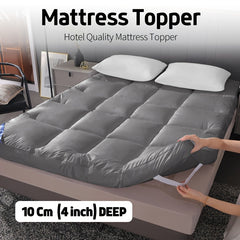 4 Inch/10Cm Microfiber Mattress Topper with 1100 GSM Heavy Filling, Extremely Soft And Fluffy, Hand-Filled, Available in Single, Double, King Sizes, Grey, Perfect for Halloween And Christmas Gifts