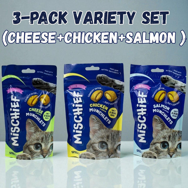 Mischief Pillow Cat Treats – 125g | Crunchy & Creamy Snacks for Cats | Available in Salmon, Chicken & Cheese Flavours.