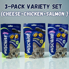 Mischief Pillow Cat Treats – 125g | Crunchy & Creamy Snacks for Cats | Available in Salmon, Chicken & Cheese Flavours.