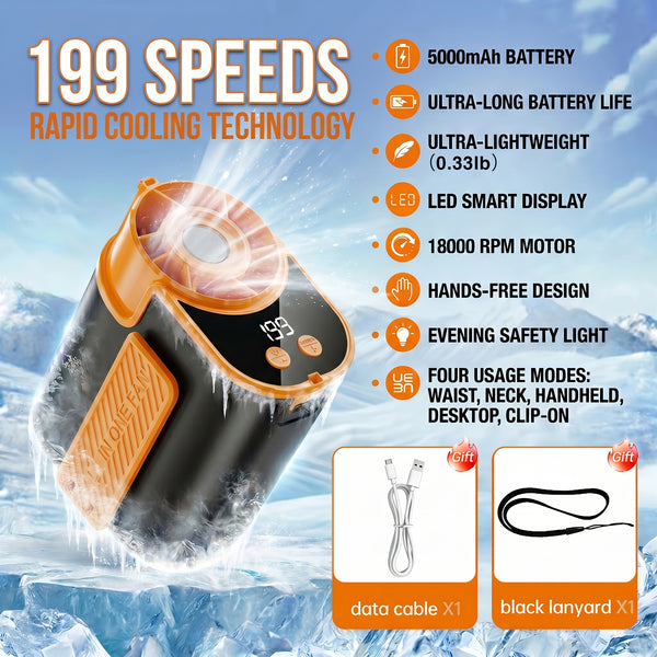 Wearable Air Conditioning Fan - USB Rechargeable, Intelligent 5-Speed High-Speed Fan, Fast Cooling, 5000Mah Battery with Super Long Battery Life, Built-In Flashlight, Ideal for Outdoor Camping, Sports, And Work