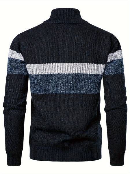 Men'S Thickened Knitted Pullover Sweater with a Color Block Design And Stand Collar, Made from Plus Velvet