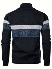 Men'S Thickened Knitted Pullover Sweater with a Color Block Design And Stand Collar, Made from Plus Velvet
