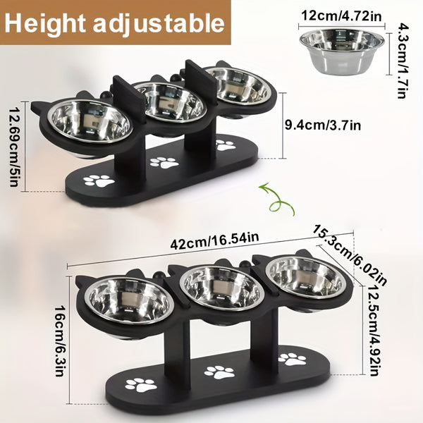 Adjustable Three Bowl Dog Cat Feeder Elevated Raised Stand Food Feeding Pet Bowl