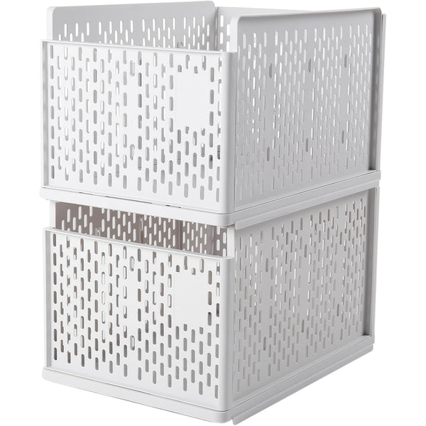 2pcs Foldable Plastic Wardrobe Closet Cabinet Storage Organiser Stackable Pull Out Drawer Baskets with Ventilation Holes for Jeans, Clothes, Bras, Underwear, Books Dividers Shelf Bedroom Home Office Space-Saving