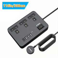 Power Supply 7in 1 Flat Plug Power Socket Outlet Extension Lead, 4 USB Slots Charging Ports Extension Socket, Multi Socket Power Board
