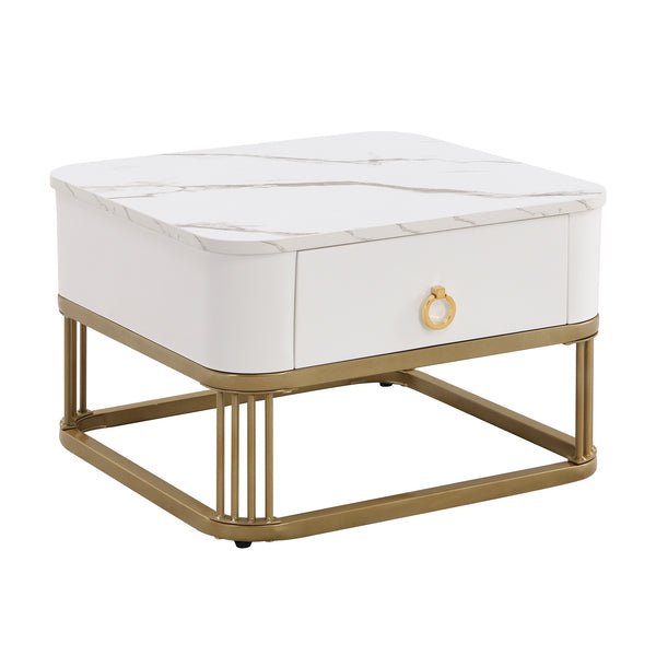 Modern Pedestal Base Space Saving Coffee Table Set of Two, Engineered Wood and Artificial Board Construction, Hardwood, Black Finish, High Gloss Stone Table Top, Metal Golden Accents, with Drawer, Without Electricity, Battery Free.