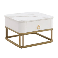 Modern Pedestal Base Space Saving Coffee Table Set of Two, Engineered Wood and Artificial Board Construction, Hardwood, Black Finish, High Gloss Stone Table Top, Metal Golden Accents, with Drawer, Without Electricity, Battery Free.