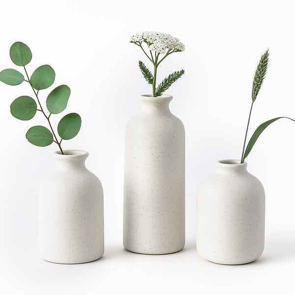 Set of 3 Small Ceramic Vases for Home Decor Table Centrepieces Rustic Farmhouse Style, Mini Decorative Vases (White)