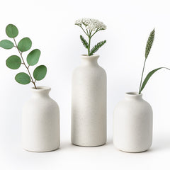 Set of 3 Small Ceramic Vases for Home Decor Table Centrepieces Rustic Farmhouse Style, Mini Decorative Vases (White)