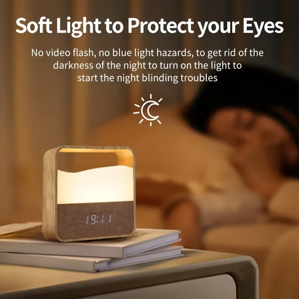LED Bedside Lamp | Night Light with Alarm Clock, Time Display, Rechargeable, Adjustable Brightness, Soft Lighting for Home Bedrooms, USB Charging