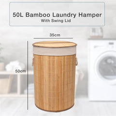 50L Folding Bamboo Laundry Basket Bin Hamper Basket Clothes Storage Organizer With Lid & Removable Washable Bag Carry On Handles