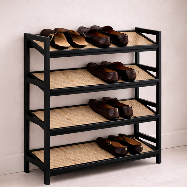 KEPLIN 2/3/4-Tier Bamboo and Rattan Shoe Rack Organizer – Durable, Easy Assembly – Compact Design for Entryway, Closet, or Hallway – Stylish and Functional Storage – Black and Natural