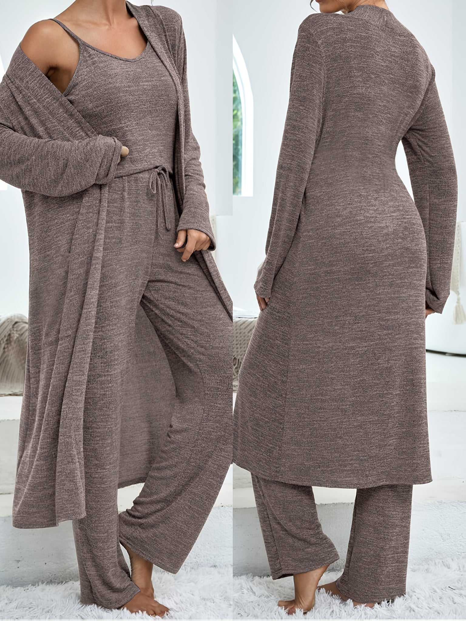 Women's casual home suit solid color mid-length cardigan solid color camisole imitation lace-up trousers three-piece suit for women