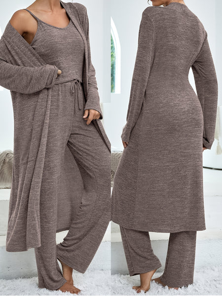 Women's casual home suit solid color mid-length cardigan solid color camisole imitation lace-up trousers three-piece suit for women