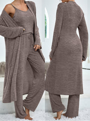 Women's casual home suit solid color mid-length cardigan solid color camisole imitation lace-up trousers three-piece suit for women