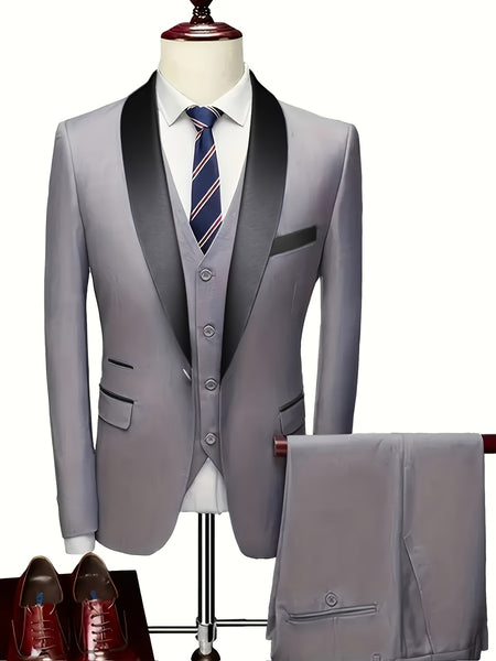 Men'S Suit Set, 3pcs Blazer, Vest And Trousers, Groomsman Business, Fashionable Elegant, Premium Men, Suitable for Wedding, Business, Party (With Pocket Square)