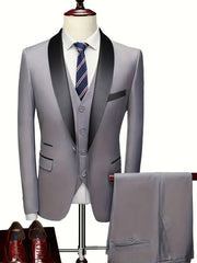 Men'S Suit Set, 3pcs Blazer, Vest And Trousers, Groomsman Business, Fashionable Elegant, Premium Men, Suitable for Wedding, Business, Party (With Pocket Square)