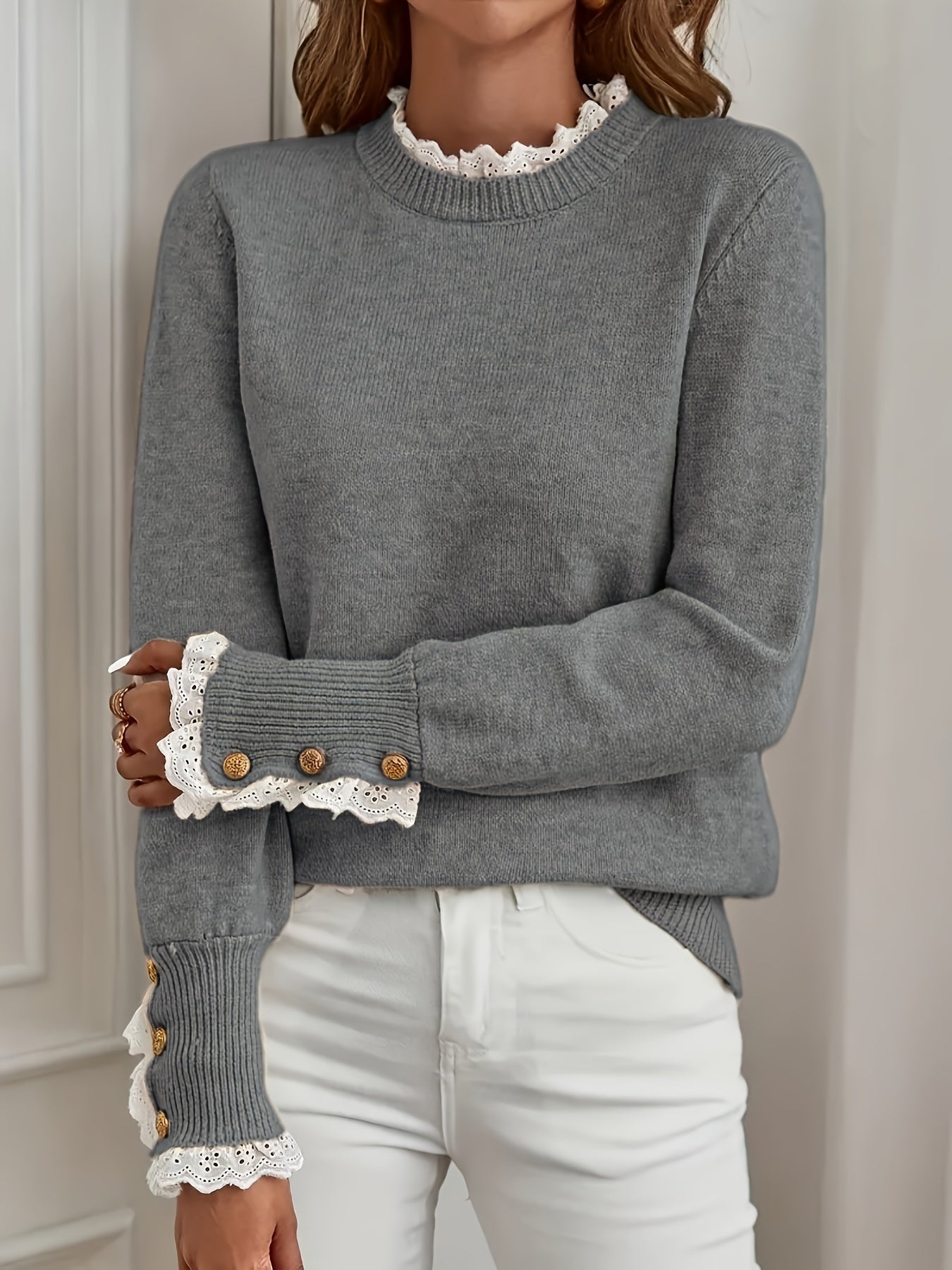 Ladies' Pullover with Lace Trim at The Cuffs And Neckline, a Casual And Elegant Sweater Top