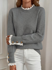 Ladies' Pullover with Lace Trim at The Cuffs And Neckline, a Casual And Elegant Sweater Top