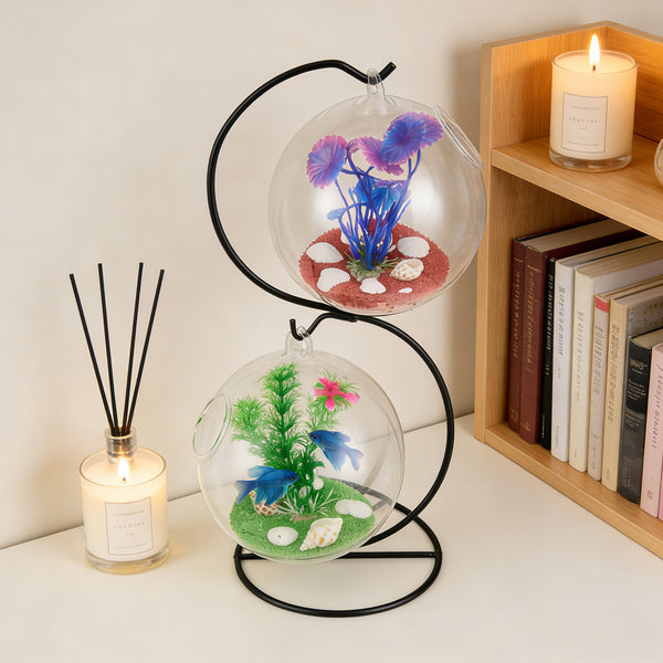 Mini Hanging Glass Aquarium with Stand - Creative Desk Tank for Fish or A Clear Vase for Succulents/Hydroponics, Small Modern Tabletop Oasis Offering Unique Home & Office Decor and A Soothing Gift Idea