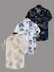 3pcs Men'S Tropical Hibiscus & Palm Leaf Print Short Sleeve Summer Shirts - Breathable Non-Stretch Fabric, Button-Up Collar Casual Button-Up Shirt with Tropical, Hibiscus & Palm Leaf Design, Machine Washable, Perfect For Beach, Vacation