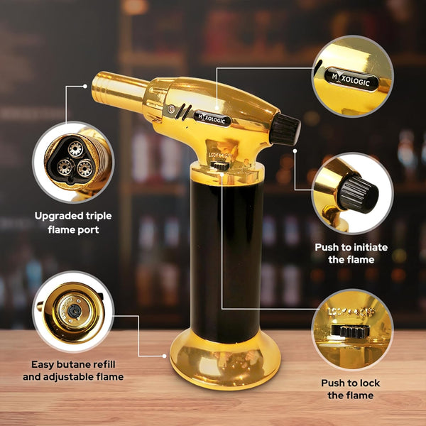 MIXOLOGIC Whiskey Smoker Kit with Torch, 6 Wood Chips, Ice Stones & Accessories, Old Fashioned Whisky Set, Cocktail Smoker for Drinks, Bourbon Infuser, Gift for Men, Husband, Dad (No Butane)