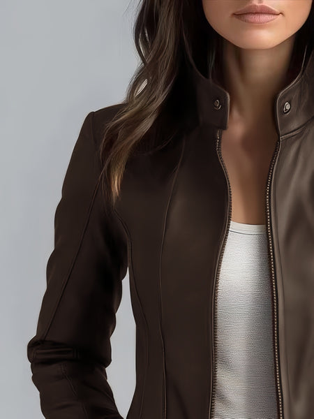 CHIDU Women's Leather Jacket, PU Slim-fit Retro Motorcycle Women's Jacket, Windproof Women's Jacket, Suitable for Spring, Autumn And Winter Jackets, Pockets, Zipper, Turtleneck, Global ALL, Mid-length Casual Women's Jacket