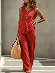 Spring Summer Women's Matching 2pcs Sets, V-Neck Sleeveless Button Top & Flowy Wide Leg Pants, Casual Resort Style Loungewear, Perfect for Summer Holiday, Staycation & Casual Outings, Holiday Essential