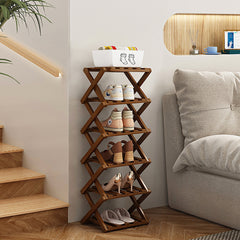 4/5/6/7 Tiers Bamboo Wooden Shoe Rack, Vertical Shoe Racks Storage Shelves Tall Shoe Tower, Collapsible Narrow Shoe Stand, Installation Free Folding X-Shape Shoe Racks Sneakers Slippers Holder Organizer, Multi Functional Shoe Rack Durable Footwear Cabinet