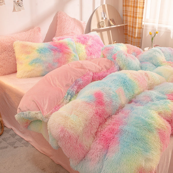 Plush Tie Dye Bedding 3pcs - Faux Fur Tie Dye Duvet Cover, Nordic Colorful Design & Zipper Closure, Plush Warm Bedding Set for Autumn and Winter, Suitable for Bedroom, Valentine's Day Easter Home Gift (Pillowcase Included, Duvet Insert Not Included)