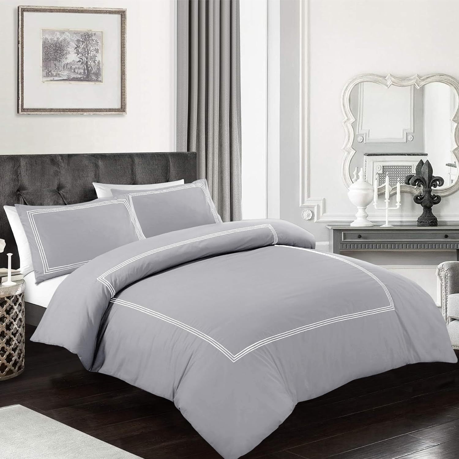 My Home Store Polycotton Bratta Duvet Cover Set - Our 3pc Soft stitch Embroidered button closure Quilt cover with matching Embroidered envelop closure Pillowcases | Breathable & Lightweight Duvet cover set