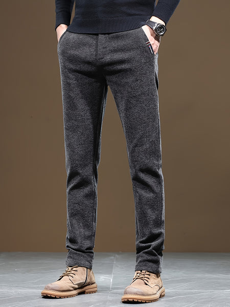 Autumn/Winter Men's Warm Casual Pants, Business Casual Slim-Fit Chenille Trousers, Solid Color