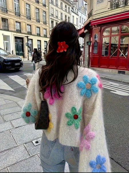 2025 Autumn Soft and Needle Lazy Coat Dopamine Colorful Flower Embroidered Sweater Cardigan