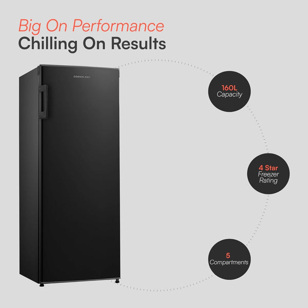 Cookology CTFZ160BK Tall Freestanding Freezer - Upright Freezer with 160 Litre Capacity - 142Cm High and 55Cm Wide - 5 Large Compartments - Reversible Door - Black