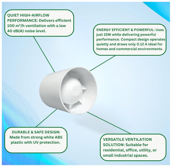 100mm In-Line Extractor Fan – Quiet Bathroom Ventilation Fan for Ducting – High Airflow 100 m³/h – IPX2 Rated ABS Housing – Ideal for Toilet, Kitchen, Home, Office & Commercial Use. Set by MYPURECORE