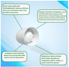 100mm In-Line Extractor Fan – Quiet Bathroom Ventilation Fan for Ducting – High Airflow 100 m³/h – IPX2 Rated ABS Housing – Ideal for Toilet, Kitchen, Home, Office & Commercial Use. Set by MYPURECORE