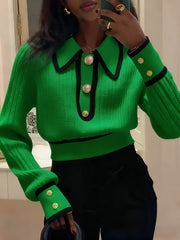 Women's Pullover Sweater for Autumn/Winter, Can Be Worn as an Inner or Outer Layer, Comfortable, Warm, Elegant, and Features a Spicy Design with a Spliced Lapel and Exquisite Metal Buttons. Suitable for Commuting, Dates, and Valentine's Day