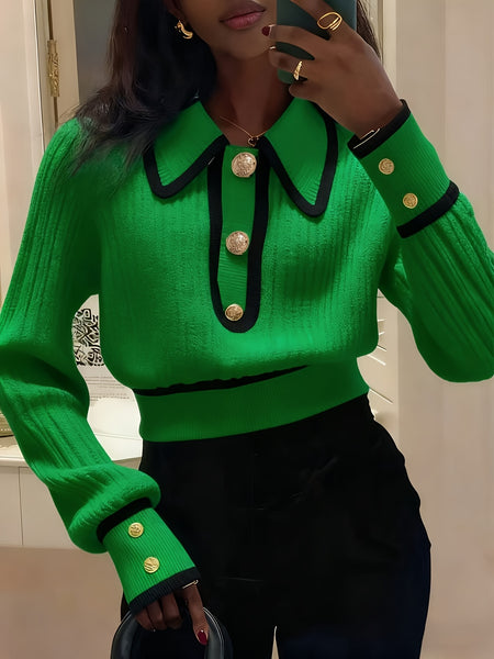 Women's Pullover Sweater for Autumn/Winter, Can Be Worn as an Inner or Outer Layer, Comfortable, Warm, Elegant, and Features a Spicy Design with a Spliced Lapel and Exquisite Metal Buttons. Suitable for Commuting, Dates, and Valentine's Day