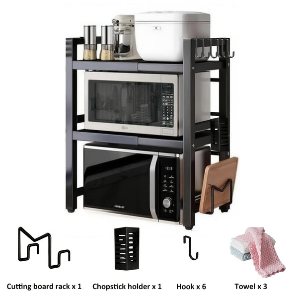 3-Tier Expandable Microwave Oven Rack with 6 Hooks And 3 Towel Racks, Includes a Chopstick Holder, Cutting Board Holder, Spice Rack, And Kitchen Storage Rack. Suitable for Kitchens, Offices, And Storage Rooms. Extends 40-64 Cm (Black, White)