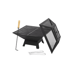 Square Fire Pit with BBQ Grill Heater Outdoor Garden Black Barbeque Metal Brazier Patio Decor Firepit Stove Portable Heat Mesh Cover for Camping or Picnics