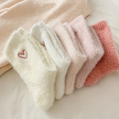 5 Pairs of Cozy Heart-Embroidered Socks - Soft, Fluffy, Mid-Calf Length, Perfect for Women, Autumn & Winter, Autumn Winter Socks | Heart Embroidery Socks | Texture Socks