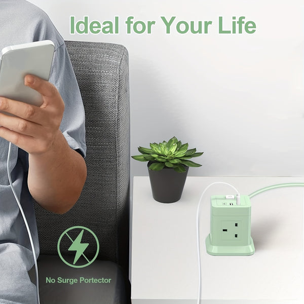 Cube Extension Lead with USB Slots, BEVA 4 Way Multi Plug Power Strip with 3 USB Ports (5V/2.4A), Desktop Power Extension Socket with 1.49m Extension Cords for Home Dorm Office Travel-Green