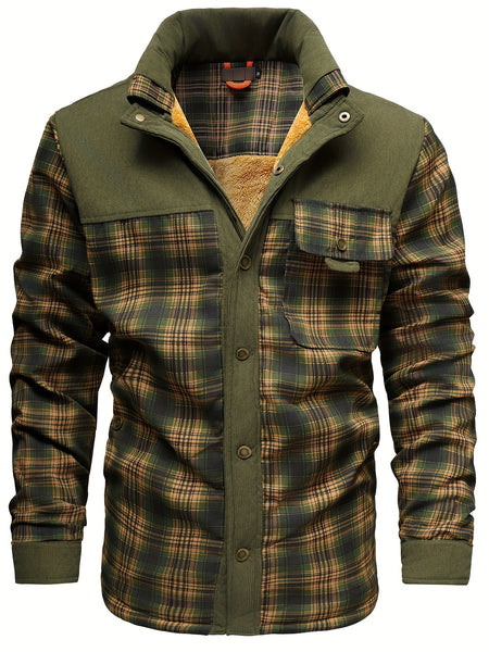 Men's American Size Autumn/Winter Fleece-Lined Warm Plaid Jacket