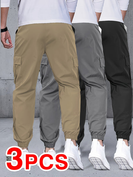 Men's Three-pc Cargo Pants, Solid Color Multi-Pocket Casual Outdoor Sports Trousers, Suitable for Spring, Summer, and Autumn