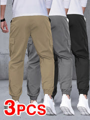 Men's Three-pc Cargo Pants, Solid Color Multi-Pocket Casual Outdoor Sports Trousers, Suitable for Spring, Summer, and Autumn